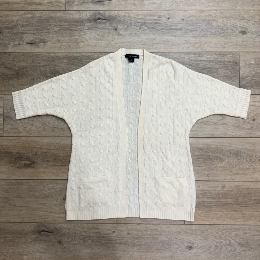 Ralph Lauren Black Label Cashmere Cable Knit Open Short Sleeve Cardigan Cream L